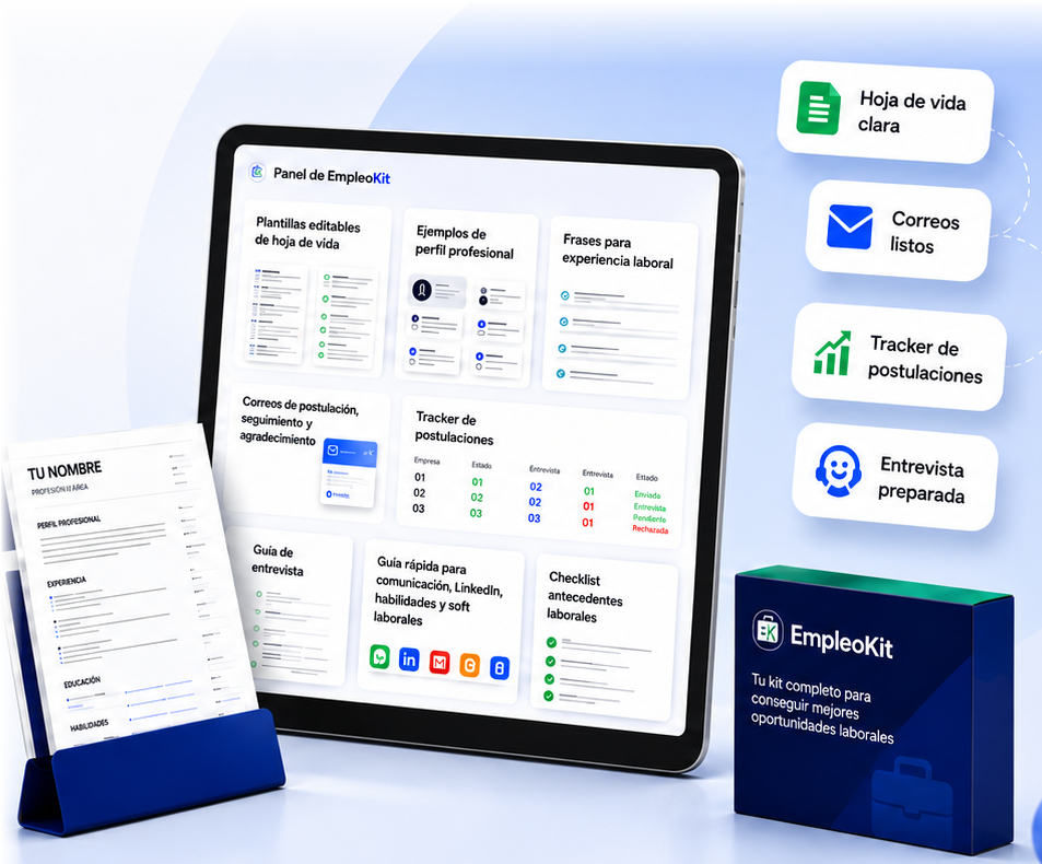 Vista del kit con plantillas, tracker, correos y preparación para entrevistas